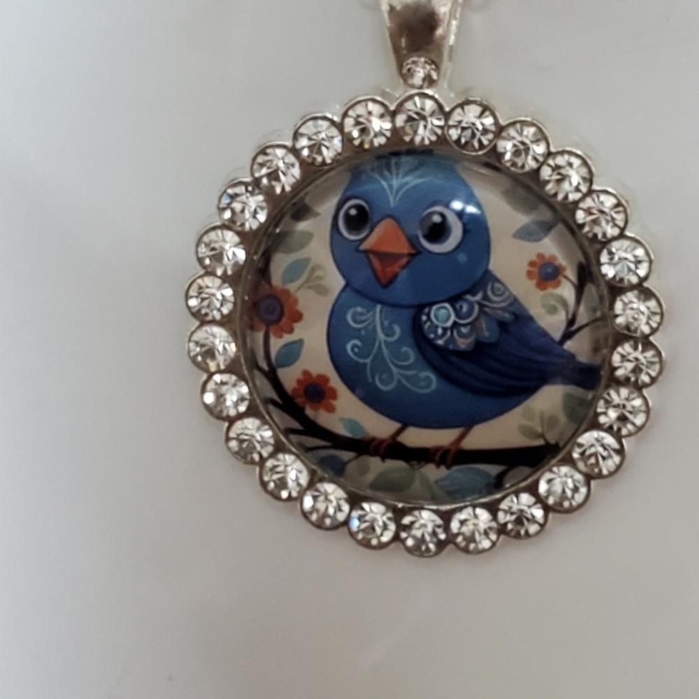 Blue BIRD WHIMSICAL FOLK 925 silver necklace rhinestones cute gift w/ gift box